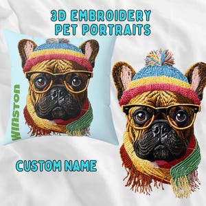 Puede incluir: Una almohada bordada personalizada con un Bulldog Francés que lleva un gorro de punto de colores, gafas y una bufanda. La almohada tiene el nombre "Winston" bordado en el lateral. El texto "CUSTOM NAME" se muestra debajo de la almohada.