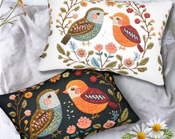 Embroidered Birds Lumbar Pillow Cover: Floral Cottagecore Decor