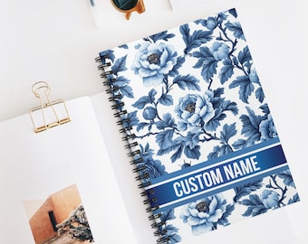 Blue Toile De Jouy Journal Blue Floral Custom Name Journal Blue Toile Spiral Notebook Peony Toile Gift for Women notebook Birthday gift