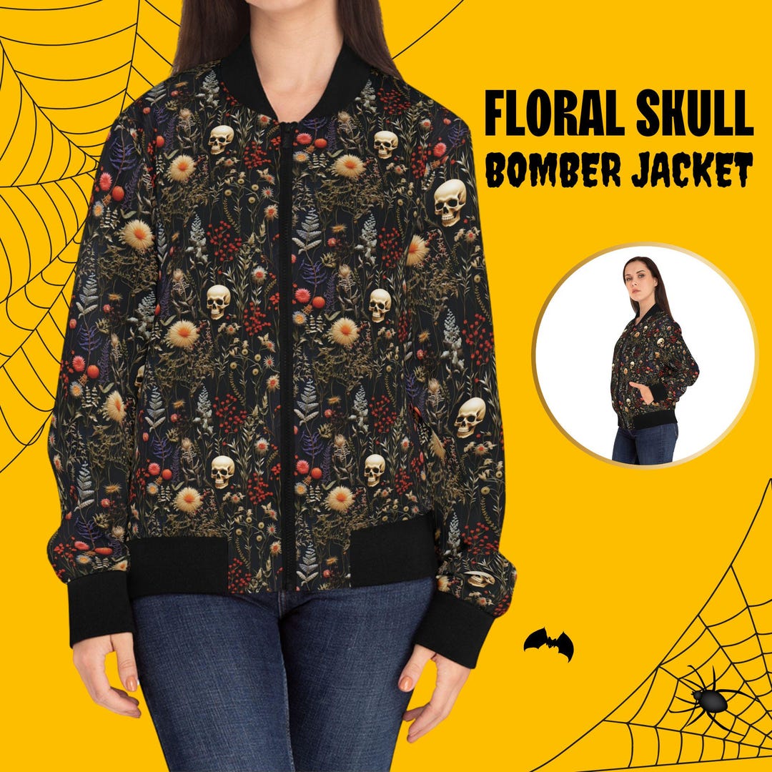 Rose Sugar Skull Skeleton Girly Floral Pattern Print Men's Bomber Jacket main image 0