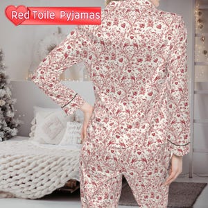 Red Toile Satin Pajama Set: Love Birds Romantic Sleepwear