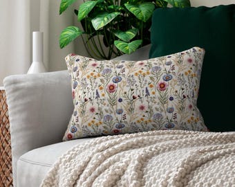 Embroidery Wildflower Pillow and Case Lumbar Pillow Embroidered Wildflowers Pillow Floral Art Lumbar Pillow Cover & Pillowcase Cottagecore