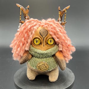 OOAK fantasy art doll with horns and pink hair, handmade mystical creature, textile figurine, witchy decor, unique collectible gothic doll