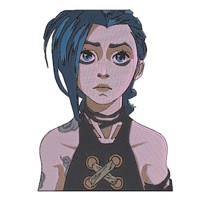 Pode incluir: Uma ilustração de desenho animado de uma personagem feminina com cabelo azul, vestindo um top preto sem mangas com um design de alça marrom e uma gargantilha preta.