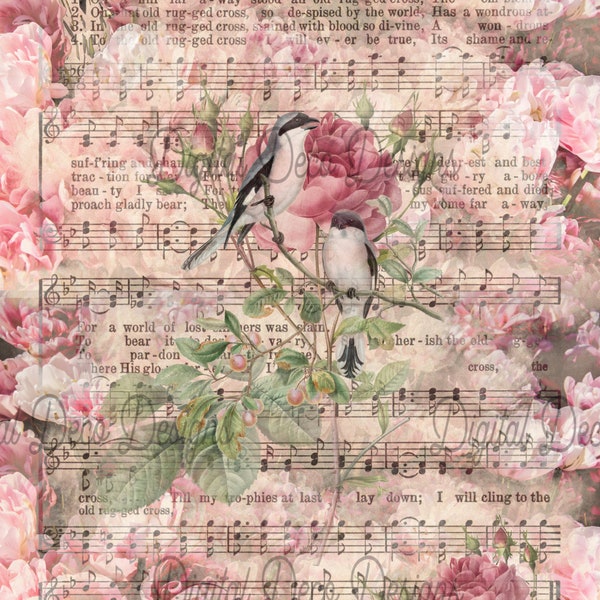 Decoupage Paper|Rice Paper|Crafts|Hymnal|Pink Roses Florals|Vintage|Old Paper|Music Sheet|Birds|Shabby Chic|Craft Paper|Decoupage Design