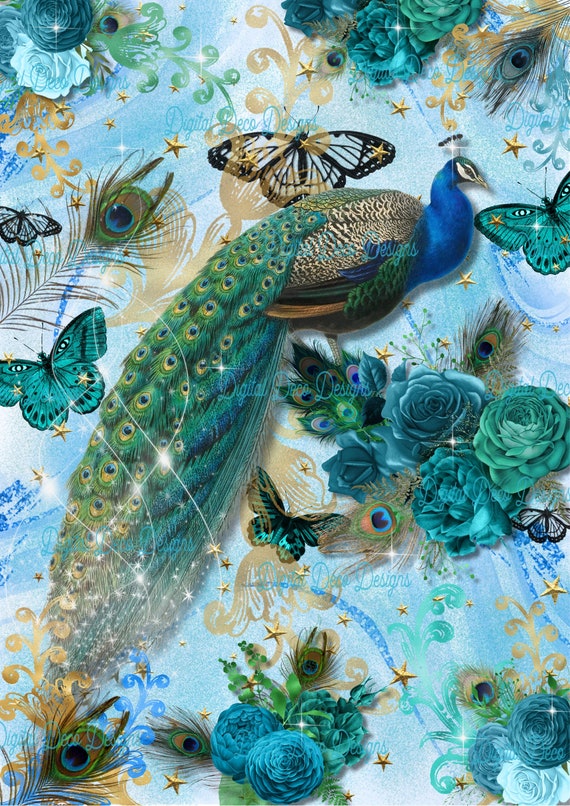 Carta decoupage stampabile / Download istantaneo / Magic Penny / A4 /  Whimsical / Peacock / Peacock Feathers / Aqua / Teal / Printed / Decorative  Paper Crafts / Fai da te -  Italia