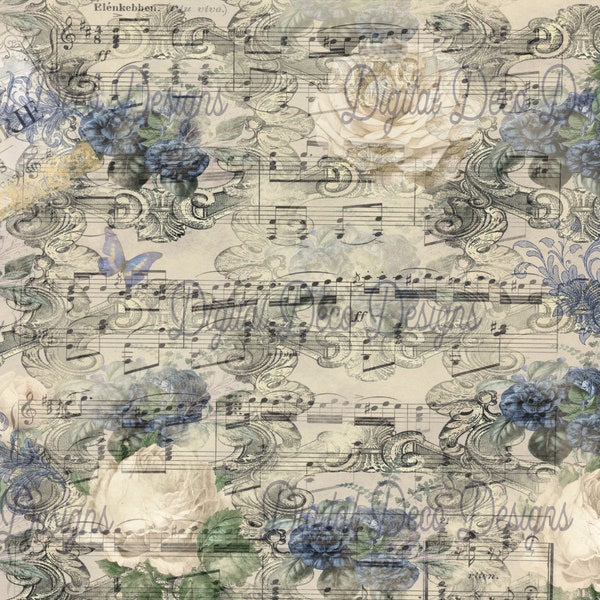 Decoupage Paper|Rice Paper|Crafts|DIY|French|Royal Blue Florals|Victorian|Antique|Vintage|Old Music Sheet|Craft Paper|Decoupage Design