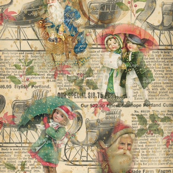 Decoupage Paper|Rice|Christmas|Vintage Santas|Children|Old Newspaper Print|Poinsettias|Classic Holiday|Scrapbook|Craft Paper|Card Making|DIY