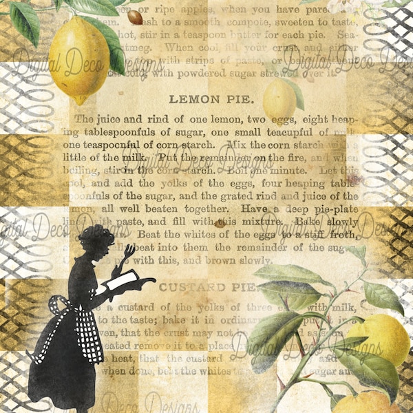 Decoupage Paper|Rice Paper|Mulberry Paper|Summer|Country Lemon Pie|Vintage|Retro|Farmhouse|Kitchen Decor|Yellow|Checks|Recipe Design|Fruit