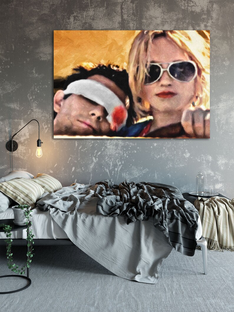 K&ouml;nnte beinhalten: Ein Gem&auml;lde eines Mannes und einer Frau in einem Auto. Der Mann tr&auml;gt eine wei&szlig;e Augenklappe und die Frau tr&auml;gt eine Sonnenbrille. Das Gem&auml;lde ist in einem malerischen Stil mit sichtbaren Pinselstrichen ausgef&uuml;hrt.