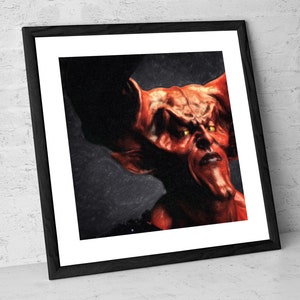 May include: A close-up portrait of a red demon with horns and yellow eyes. The demon has a serious expression and is looking directly at the viewer. The background is dark and blurry.