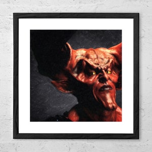 May include: A close-up of a red demon with horns and glowing yellow eyes. The demon is looking directly at the viewer with a serious expression.