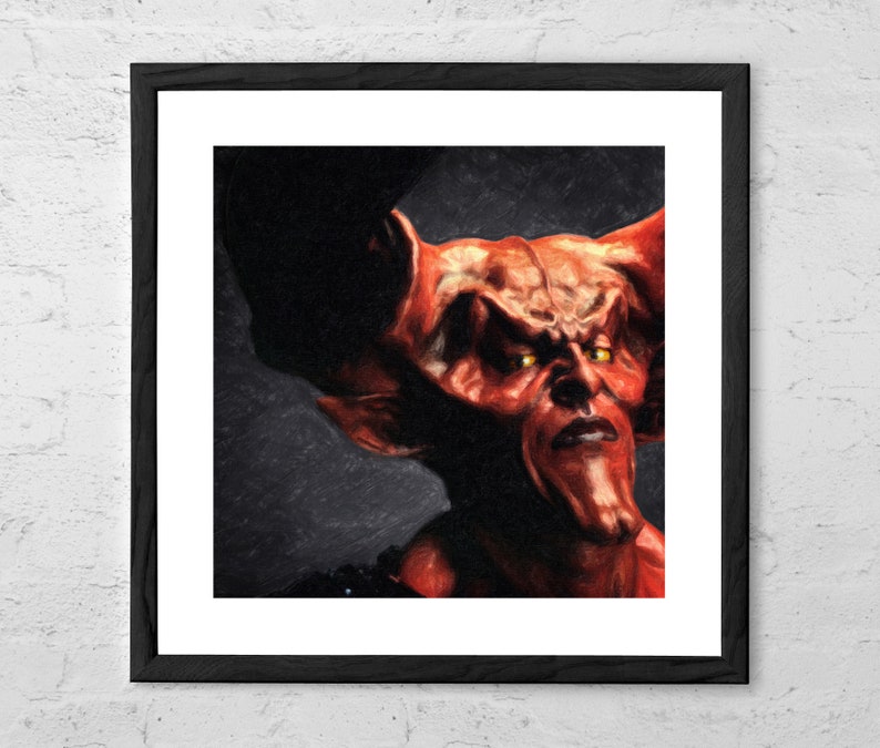 May include: A close-up of a red demon with horns and glowing yellow eyes. The demon is looking directly at the viewer with a serious expression.