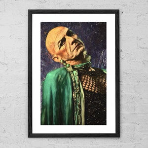 May include: A painting of a person with a bald head wearing a green and black outfit with a green and gold scarf. The person is looking up and to the right. The background is a dark purple.