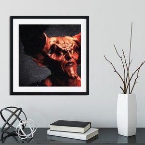 May include: A close-up of a red demon with horns and glowing yellow eyes. The demon is depicted in a dark, shadowy setting.