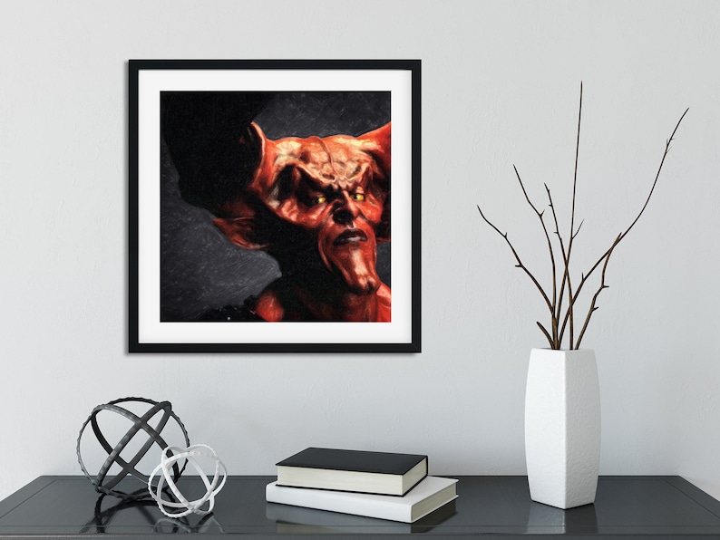 May include: A close-up of a red demon with horns and glowing yellow eyes. The demon is depicted in a dark, shadowy setting.