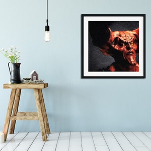 May include: A digital painting of a red demon with horns and glowing yellow eyes. The demon is looking to the right of the image.
