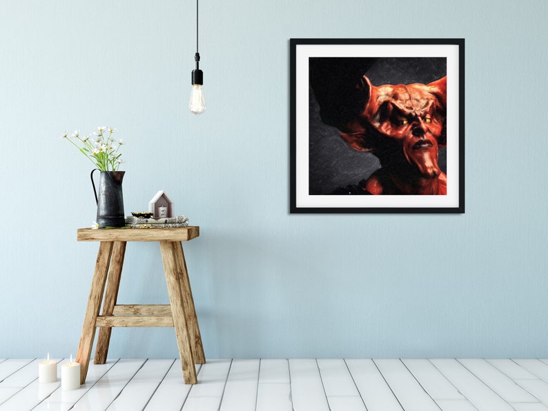 May include: A digital painting of a red demon with horns and glowing yellow eyes. The demon is looking to the right of the image.