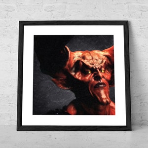 May include: A close-up of a red demon with horns and yellow eyes. The demon is looking directly at the viewer with a serious expression. The background is dark and blurry.