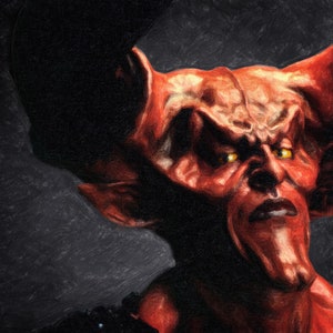 May include: A close-up of a red demon with horns and yellow eyes. The demon has a serious expression on its face.