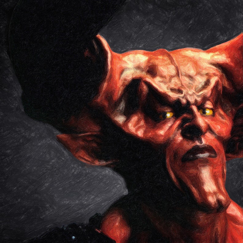 May include: A close-up of a red demon with horns and yellow eyes. The demon has a serious expression on its face.