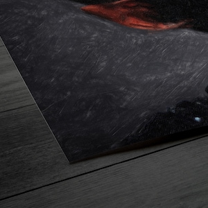 May include: Abstract painting with a dark gray background and red and orange accents. The painting has a textured surface and appears to be painted with a brush.