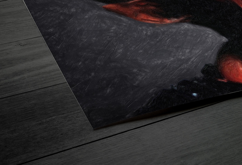 May include: Abstract painting with a dark gray background and red and orange accents. The painting has a textured surface and appears to be painted with a brush.