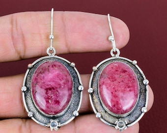 Boucles d'oreilles faites main en rhodonite, argent sterling 925, pierre précieuse ovale