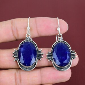Faceted Blue Sapphire Dangle Earrings: Sterling Silver Handmade Jewelry