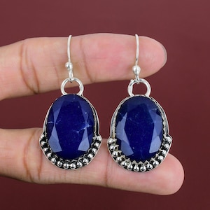 Faceted Blue Sapphire Earrings: Handmade 925 Sterling Silver Jewelry