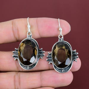 Faceted Smoky Quartz Earrings: Handmade 925 Sterling Silver Drop Earrings