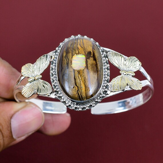 Ethopian Opal in Boulder Opal Gemstone Bangle Handmade Jewelry 925 - Main Image