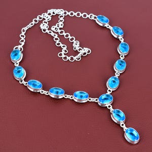 Faceted Swiss Blue Topaz Necklace: 925 Sterling Silver, Adjustable Chain