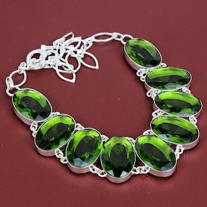 Faceted Peridot Necklace: Handmade Antique Sterling Silver, Adjustable Chain