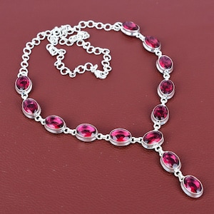 Faceted Rubellite Necklace: Handmade 925 Sterling Silver, Adjustable Chain