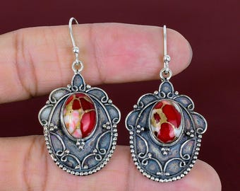 Kingman Red Mohave Turquoise Earrings, Handmade Sterling Silver Jewelry