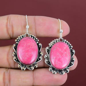 Handmade Thulite Gemstone Earrings: 925 Sterling Silver Dangle Jewelry