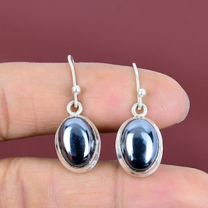 Shungite Earrings: Oval Gemstone, 925 Sterling Silver, Handmade