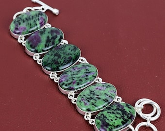 Pulsera de rubí y zoisita: Joyería ajustable hecha a mano en plata de ley 925 con piedras preciosas.