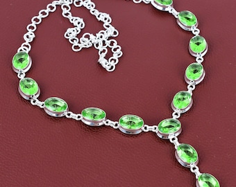 Faceted Green Amethyst Necklace: Sterling Silver Adjustable Chain