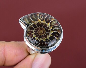 アンモナイト化石リング、ハンドメイド925スターリングシルバー、調節