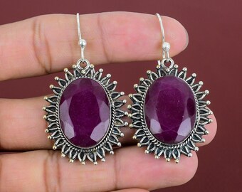 Pendientes colgantes de rubí de Cachemira hechos a mano: joyería bohemia de plata de ley 925