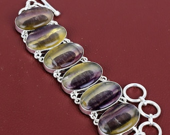 Multi Fluorite 925 Sterling Silver Bracelet - Adjustable Gemstone Jewelry