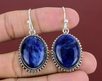 Boucles d'oreilles en pierres précieuses de sodalite : argent sterling 925 fait main