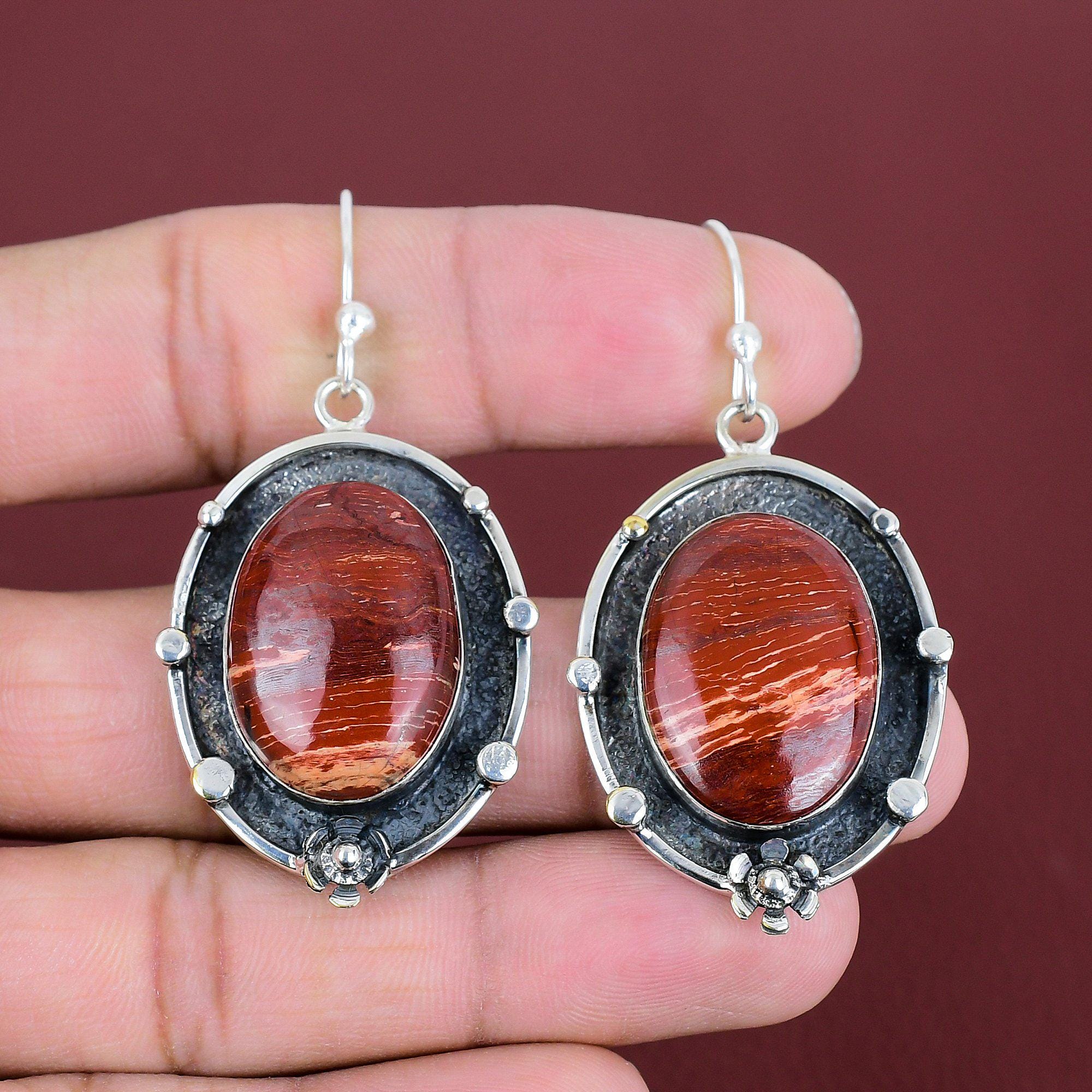 Red Snakeskin Jasper Earrings: Handmade 925 Sterling Silver Dangle