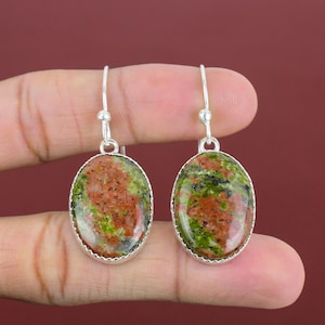 Handmade Unakite Gemstone Earrings: Dainty Sterling Silver Jewelry