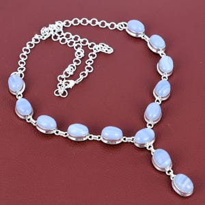 Blue Lace Agate Necklace: Sterling Silver, Adjustable Chain, Handmade