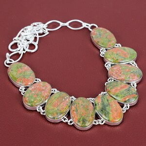 Handmade Unakite Gemstone Necklace: 925 Sterling Silver, Adjustable Chain