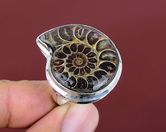 アンモナイトとターコイズのインレイリング - サイズ調整可能