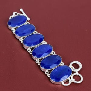 Faceted Blue Sapphire Bracelet: 925 Sterling Silver Adjustable Chain